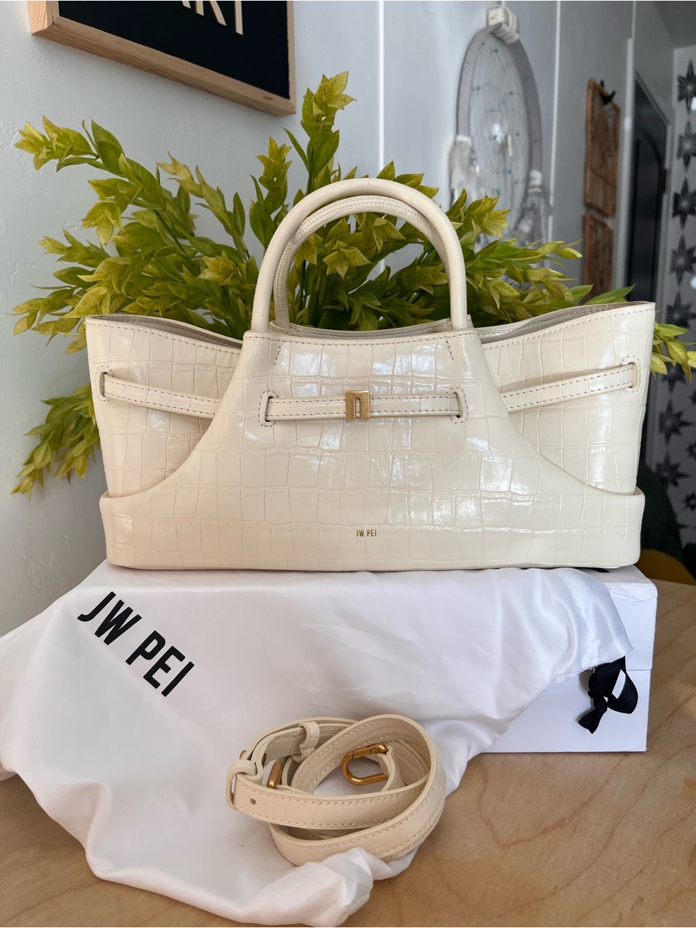 JW PEI Cream Croc-Embossed Satchel with Top Handles